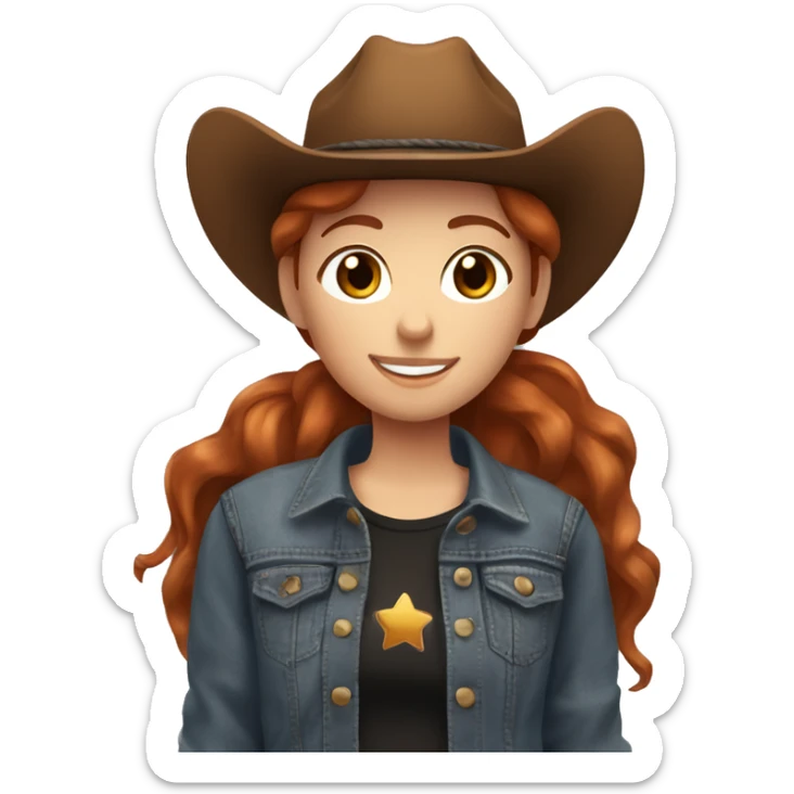 Girl with short red hair, with brown eyes, smiling, wearing a denim jacket and black shirt and brown cowgirl hat, hugging her brown horse that has a white spot on her forehead. sticker