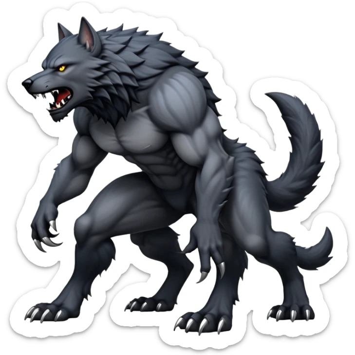 cinematic-noble-fierce-werewolf-full body on all fours-emoji, poised-and-imposing, with a tall, lean, and muscular wolfish frame inspired by the brutal, imposing shape of the beast from Berserk, fur rippling in shades of midnight black and silver, massive paws with razor-sharp claws, elongated limbs and fangs, eyes glowing with an intense, primal ferocity, reflecting the untamed power of the wild moonlit night; rendered with realism like a wolf sticker