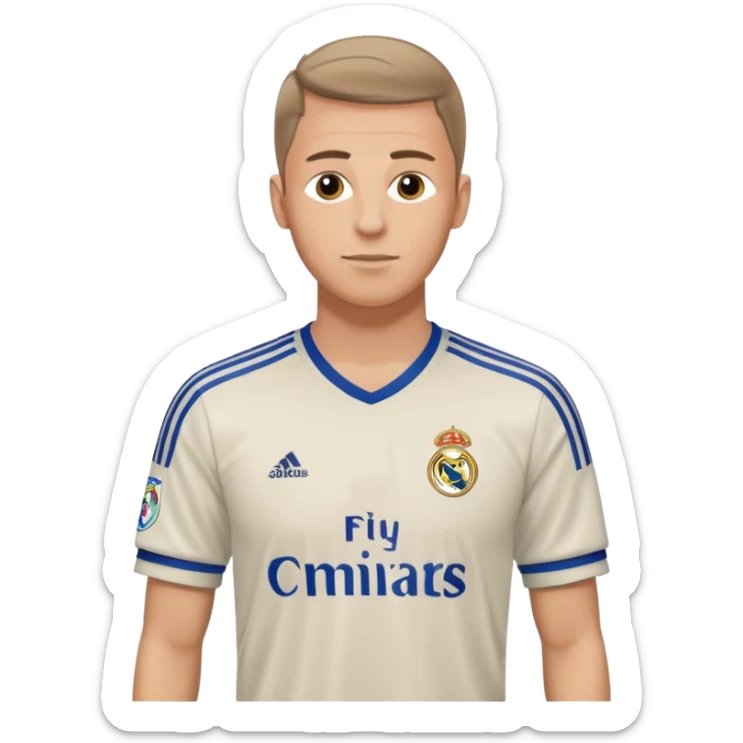 White male wearing Adidas Real Madrid jersey with Champions logo on sleeve sticker