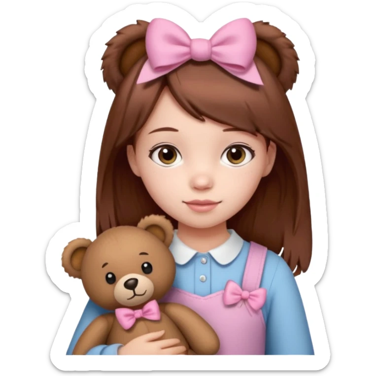 Girl child with bow in brown hair and plushie  sticker