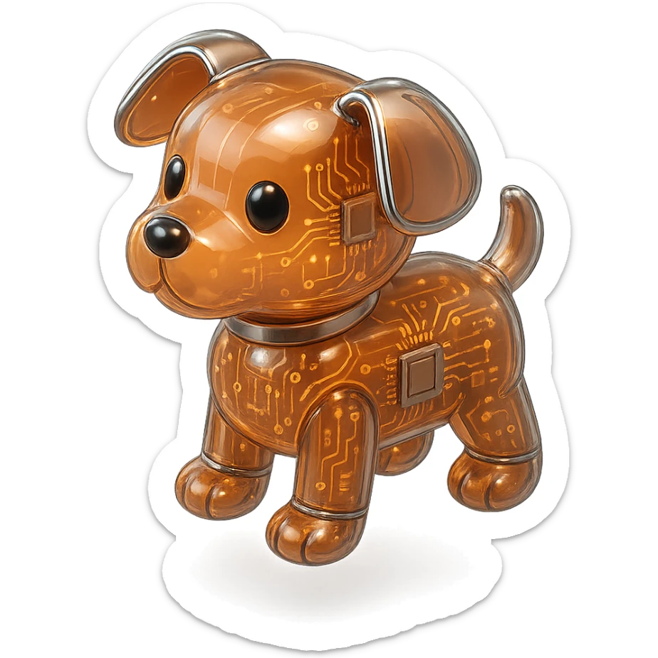 little dog, glossy circuit style, shiny surfaces, metallic details, futuristic look sticker