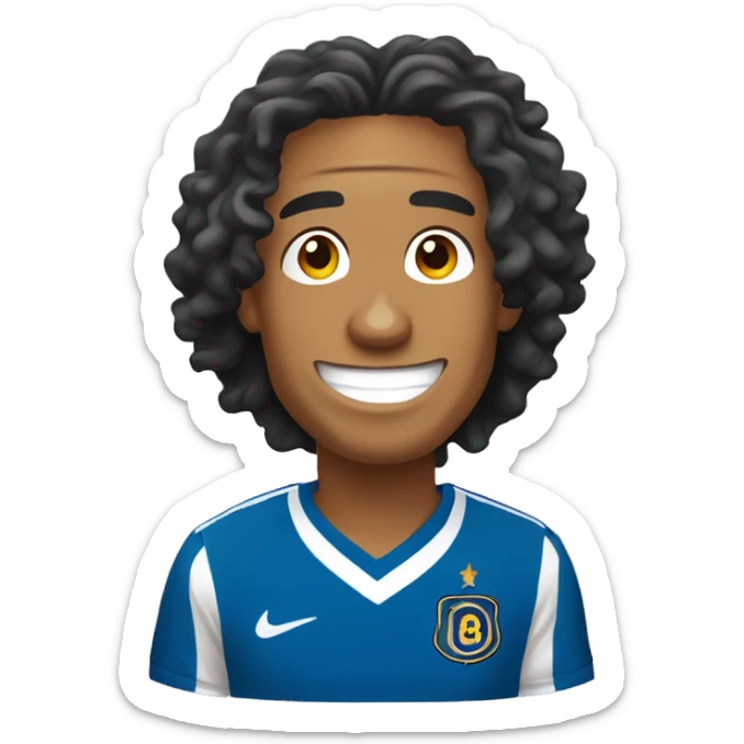 “2D emoji of Ronaldinho with a big smile, curly hair, and cartoonish features. Simplified, bold outlines, vibrant colors, and transparent background.” sticker
