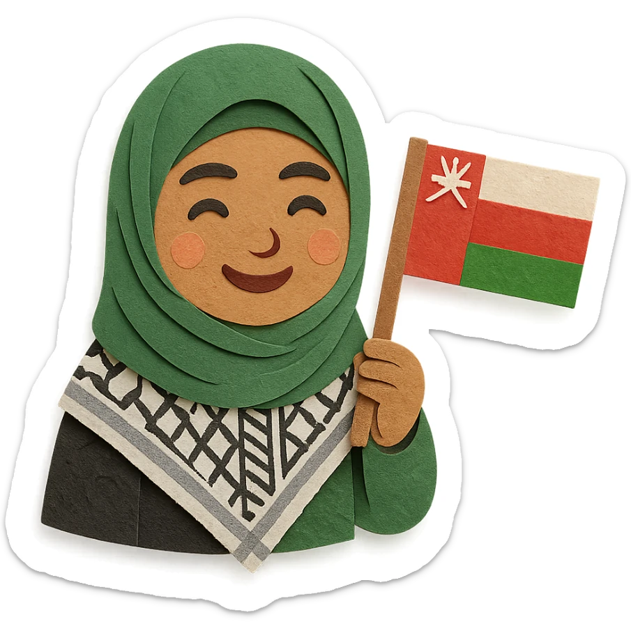 a hijab-wearing girl wearing the Palestinian keffiyeh and holding the Oman flag, paper craft style sticker