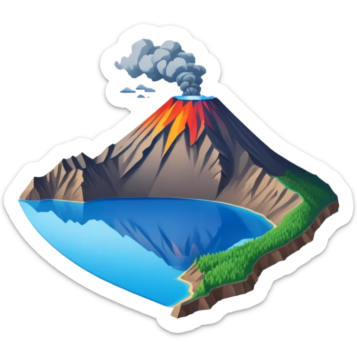Changbai Mountain with crater lake Jilin, simplified emoji style with bold outlines and bright colors, cartoon style volcano with blue lake inside sticker