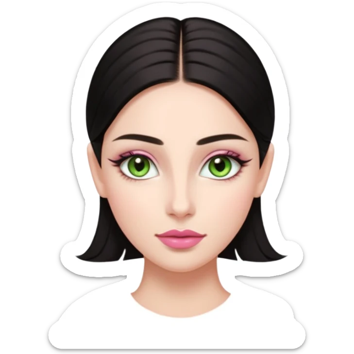 Front-facing portrait of a young woman with fair glowing skin, symmetrical features, light green almond-shaped eyes, long lashes, soft arched brows, straight refined nose, and full natural pink lips. Dark sleek hair pulled back with a middle part.  sticker