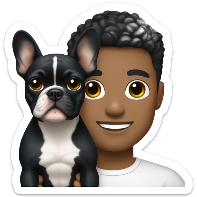 athletic light skin male with short black hair holding a french bulldog sticker