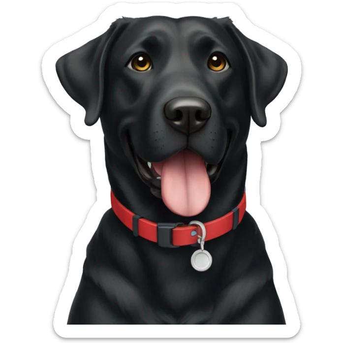 TWO happy adult BLACK labradors. one with a red collar and the other has a blue collar sticker