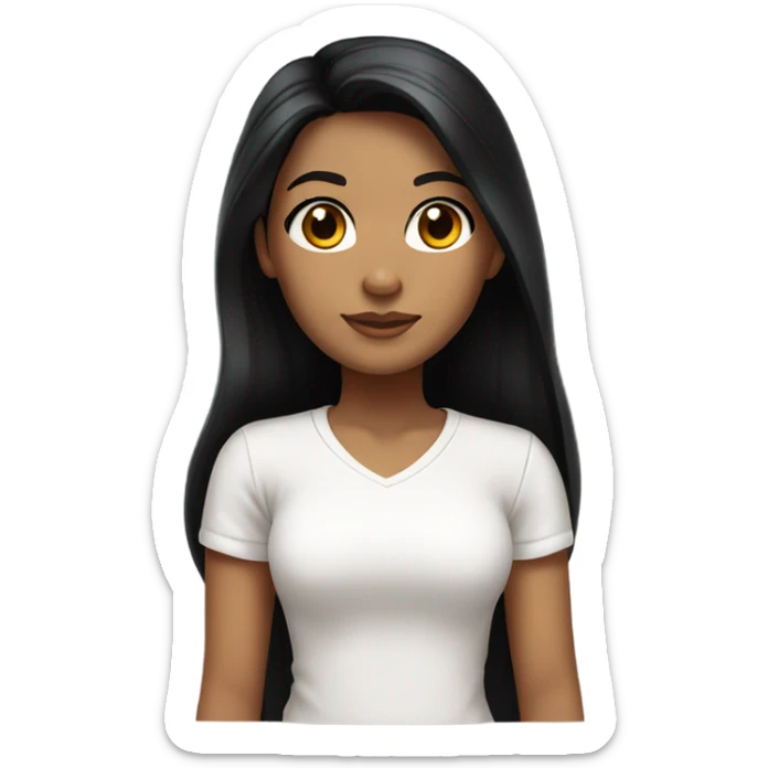 a tan girl with long silky jet black hair, brown eyes, long lashes, and a white tshirt. sticker