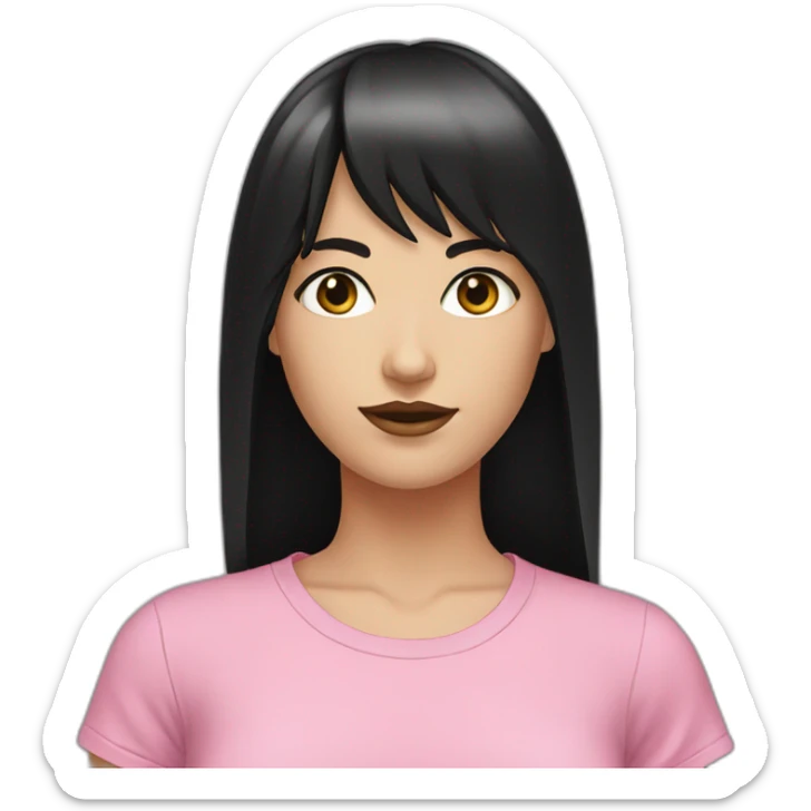 white woman tall black hair black eyes bangs pink t-shirt sticker