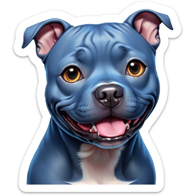 Cinematic Comical Blue Staffordshire Bull Terrier Portrait Emoji, Head tilted dramatically with an exaggeratedly amused expression, featuring a striking blue Fur with a subtle shimmer, wide, expressive dark eyes filled with playful disbelief, Simplified yet hilariously expressive features, highly detailed, glowing with a slightly sassy glow, high shine, dramatic yet playful, stylized with an air of cheeky mischief, bright and endearing, soft glowing outline, capturing the essence of a spirited and over-the-top guardian, so meme-worthy it feels like it could side-eye its way into internet fame instantly! sticker
