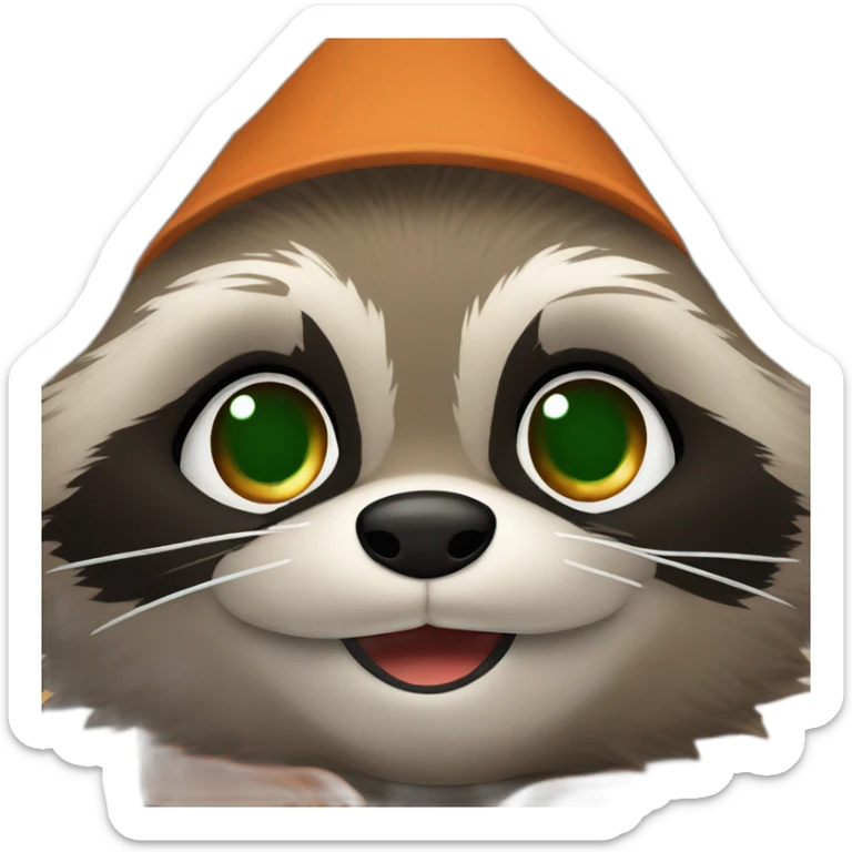 brown raccoon with orange eyes and a dark green hood that is smiling sticker