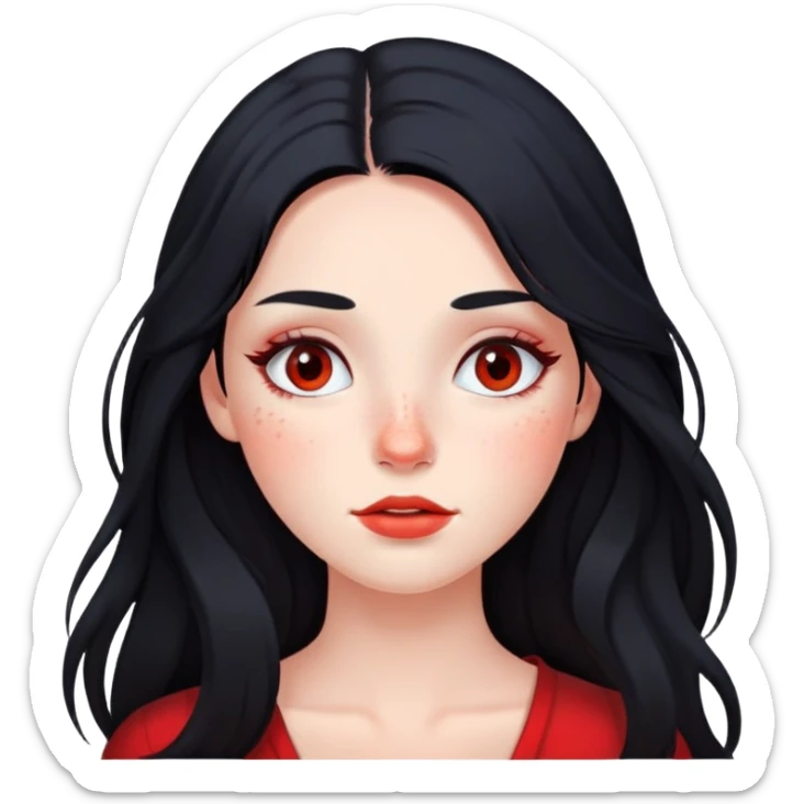 girl with long black hair, soft makeup, and red freckles across her cheeks sticker