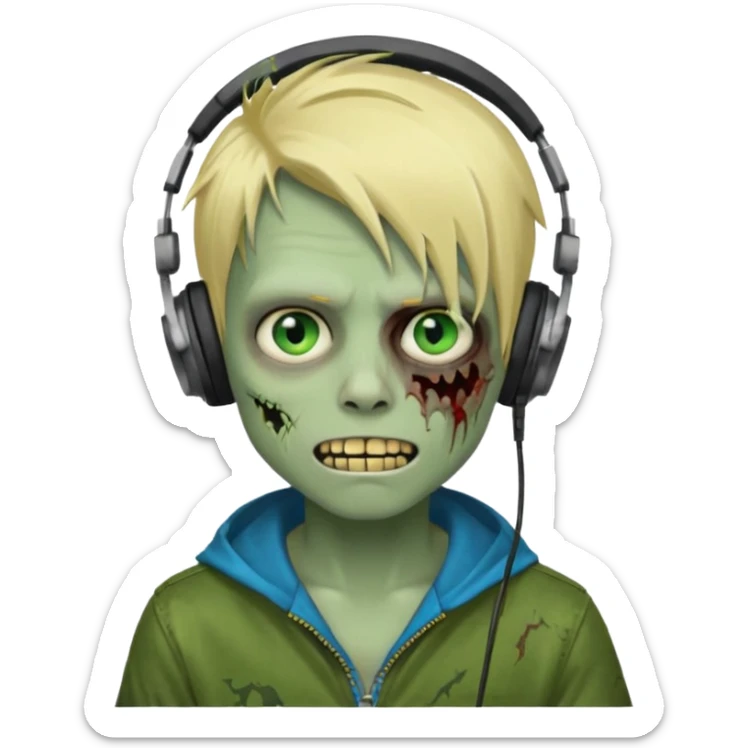 boy zombie whit blonde emo hair and eyes blue and GREEN SKIN and heandphones and a microfone and gold teeth sticker