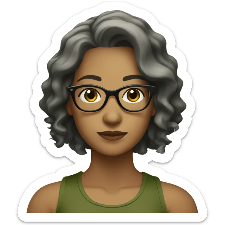 white skined woman with wavy black hair with a olive green tank top with glasses tortoise  sticker