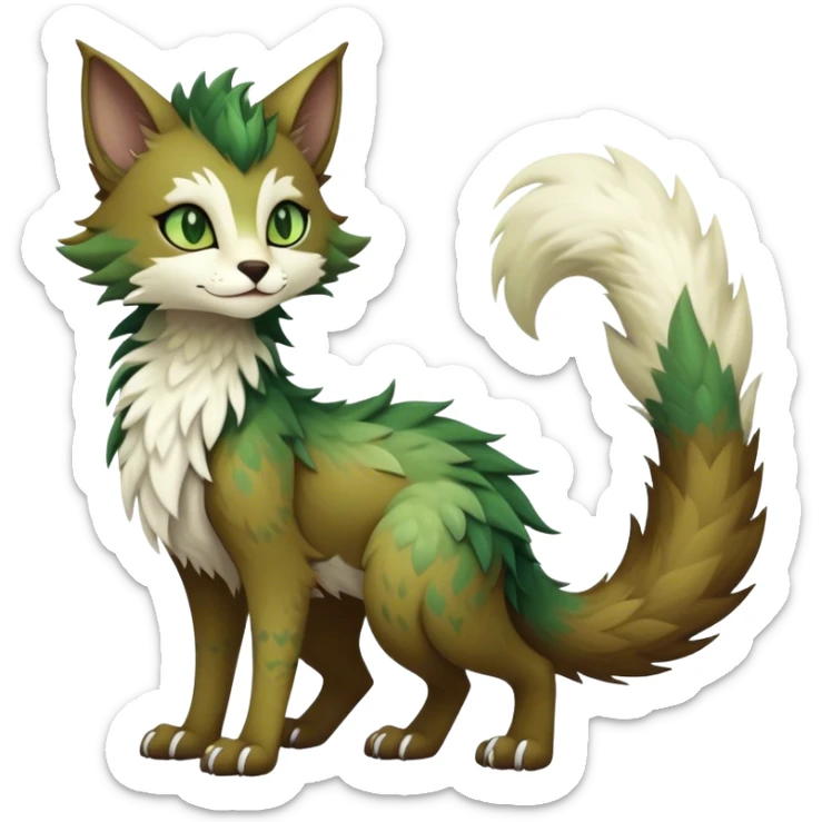 Kawaii dark cute cool brown beige white fantasy ethereal feline-vernid-sergal-fursona animal creature with a tufted tail full body with intricate markings, hazel-gold-green eyes sticker