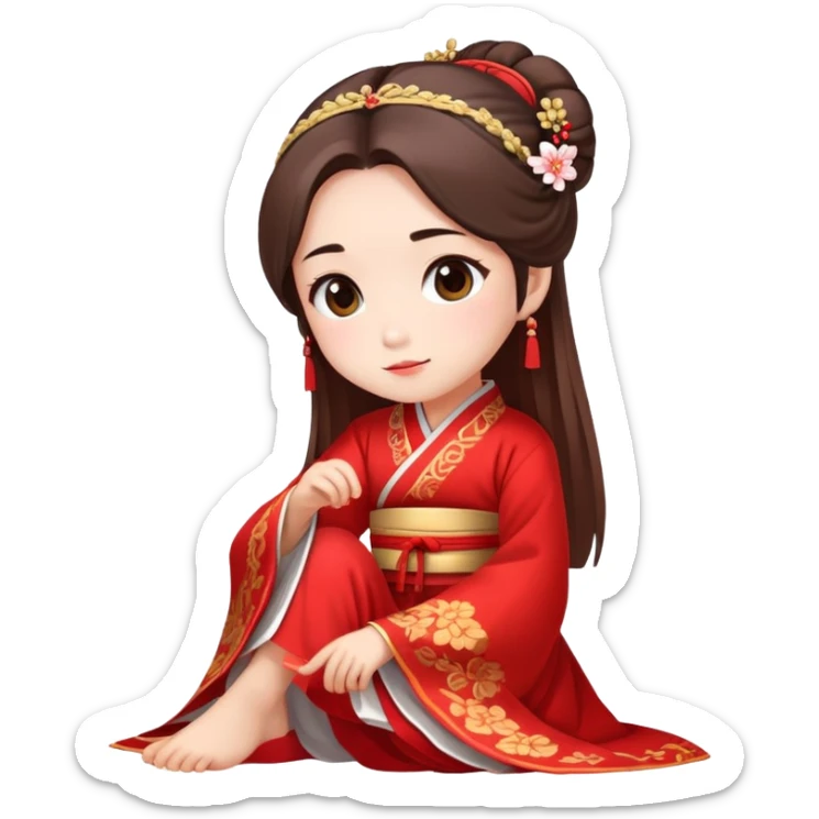 Beautiful girl wearing red Hanfu wedding dress sitting sticker