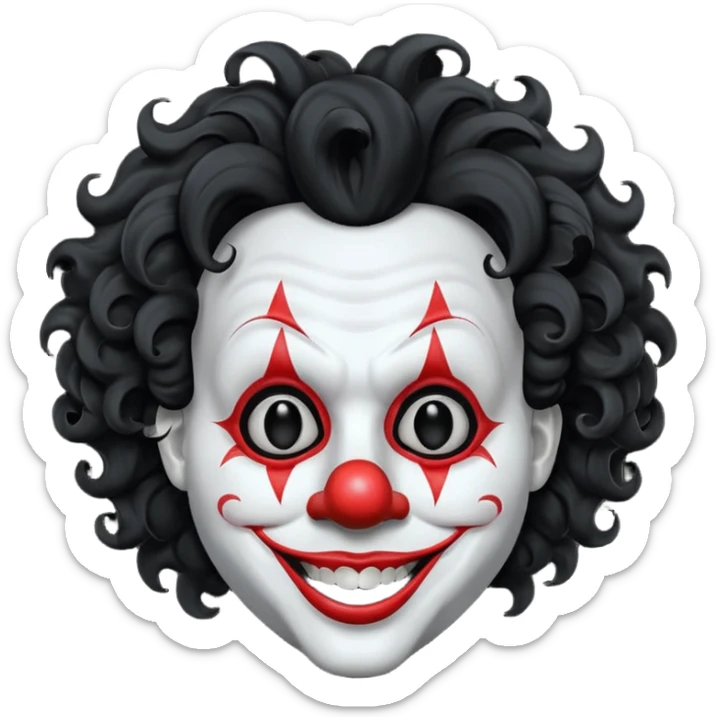 generate white clown mask emoji with a big curly black hair 

wide black coloured smile, no red nose but instead long and pointy white nose with no nostrils, pitch black eyes, no brows sticker