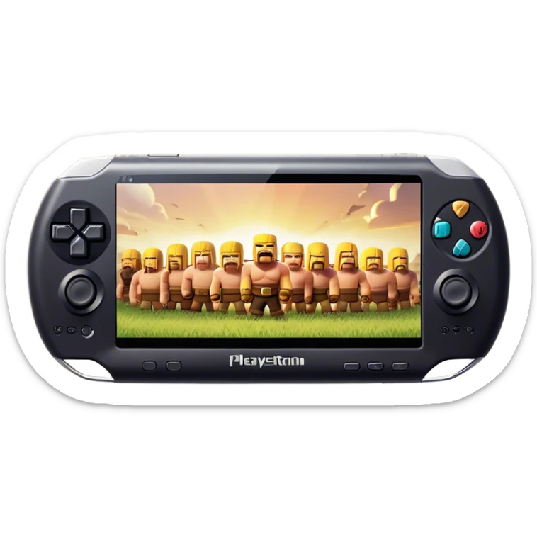 Clash of Clans aesthetic: Cinematic Playful PlayStation Portable (PSP) Portrait Emoji, rendered in a 3D vector-style similar to standard emojis with minimal shading and bold, simplified shapes. A compact, distinct form with signature details, softly glowing with a cutting-edge console technology charm. Simplified yet unmistakably iconic, highly detailed and consistent, glowing with a soft radiance and high shine. Stylized with a touch of technological advancement and a soft glowing outline, capturing the essence of a beloved gaming relic with a friendly, playful manner! sticker