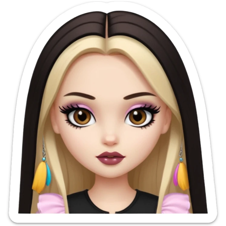 pale skin, girly bratz baddie, beautiful dark brown eyes, pretty black makeup, long dark blonde straight hair sticker