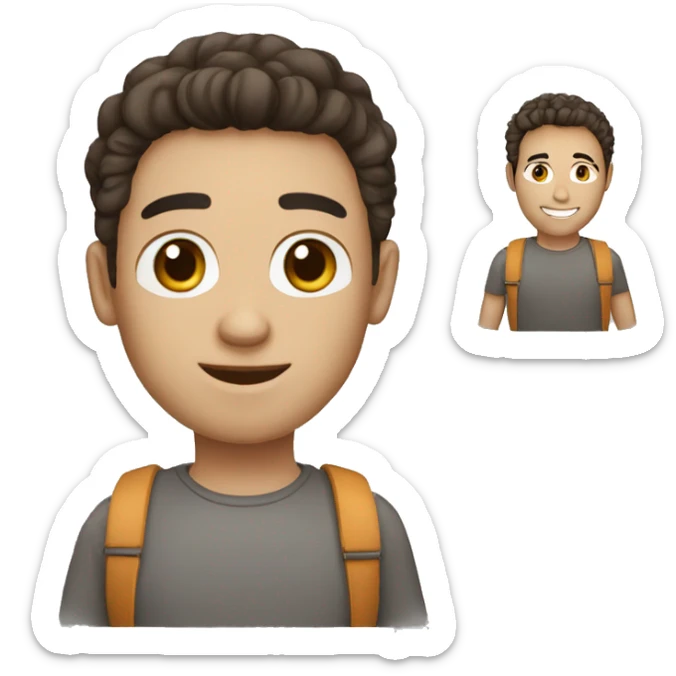 Generate me an emoji of a guy with macbook ( student ). He looks happy. He has light skin, dark-brown hair and brow eyes    sticker