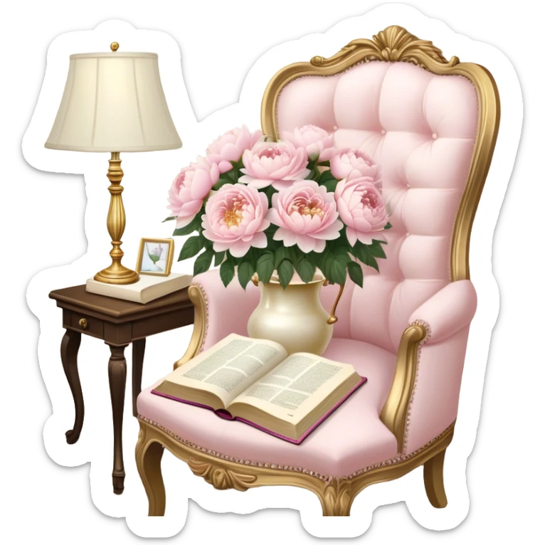 A cozy vintage-inspired reading nook, with an overstuffed ivory armchair, a golden reading lamp, and a bouquet of soft pink roses, white peonies, and dahlias resting on a small lace-covered side table, as a pearl butterfly gently rests on the open book.
 sticker