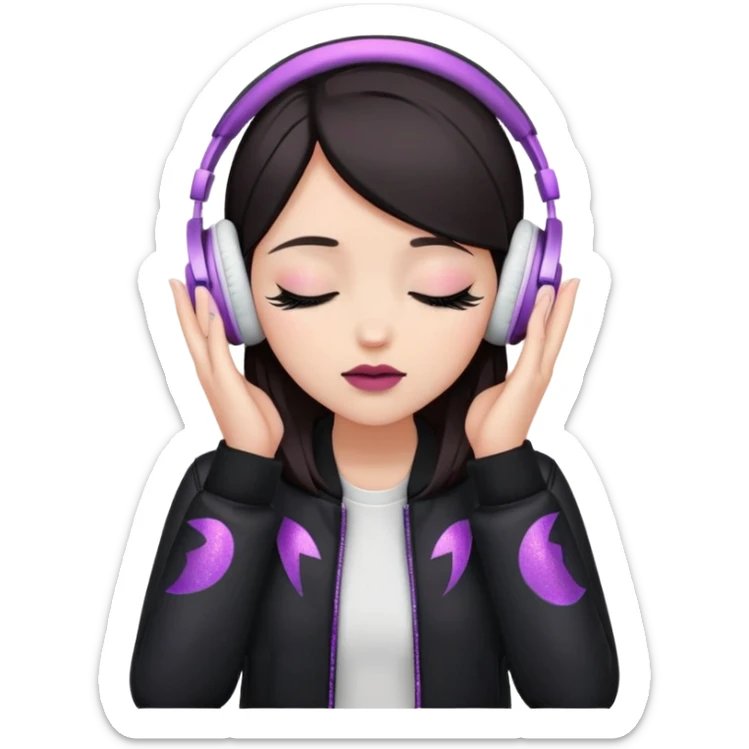 Girl with dark hair, fair skin tone, wearing a black jacket, has glitter on her eyelids, and wearing mauve lipstick, wearing white headphones, her hands are on her ears, and her eyes are close sticker
