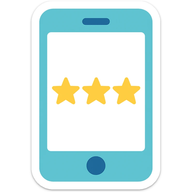Smartphone icon, flat emoji style, outline with blue and turquoise colors, screen showing three gold/yellow stars aligned in a horizontal row, white background sticker