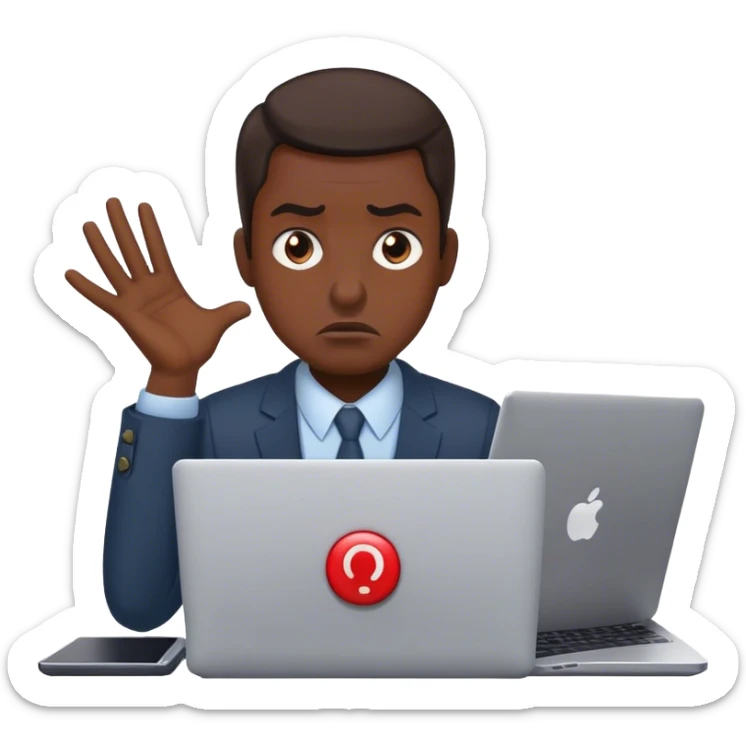 Create an emoji of a frustrated business owner pressing a giant ‘RESET’ button on their laptop. They have a disappointed expression, representing someone who starts every month from zero. sticker