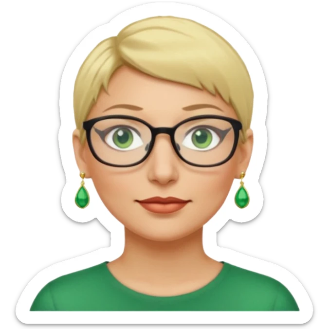 femme 40 ans lunettes cheveux très courts blonde anneaux oreilles yeux verts sticker