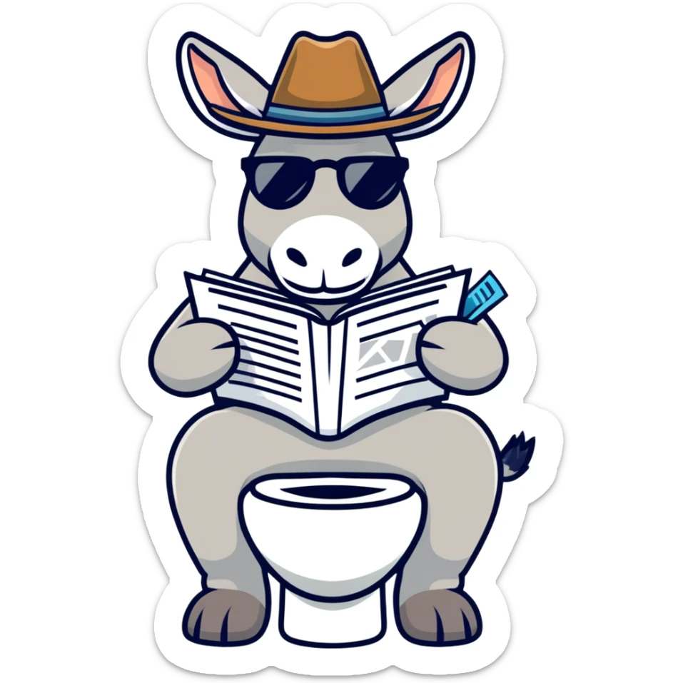 A donkey with sunglasses and a cowboy hat sitting on the toilet, reading a magazine sticker