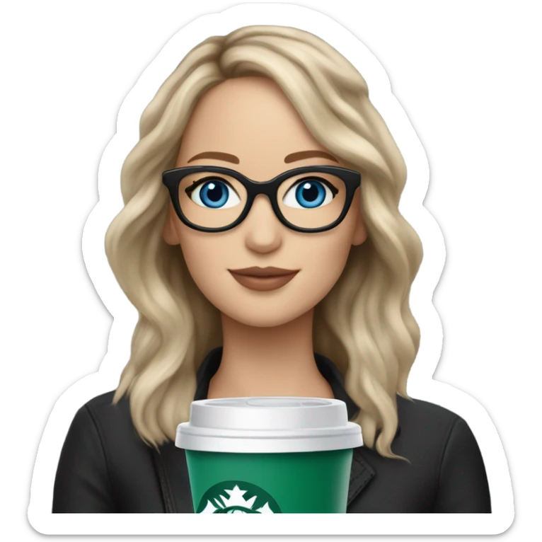 Photo of Brunette Jennifer Lawrence wearing black glasses and blue eyes drinking Starbucks  sticker