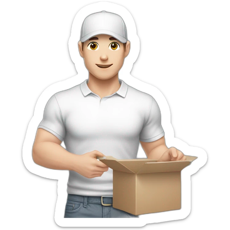 Pale skinned fit Man with dark brown hair in a white cap, gray jeans and gray polo T-shirt keeping a pasted with tape box into his hands sticker