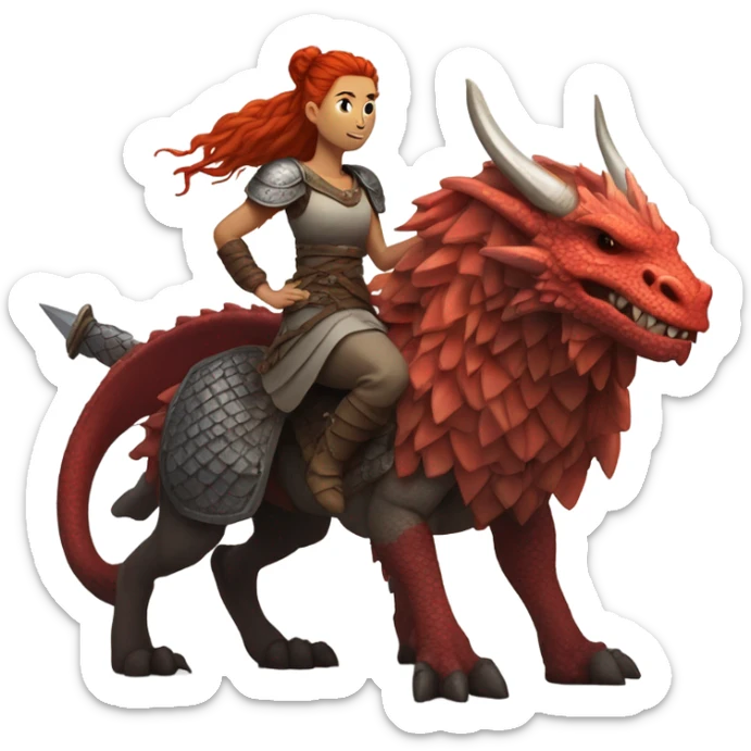 Viking red head dragon queen with a slain Viking solder with a man bun standing on a dragon flying over a volcano in a beautiful sky sticker