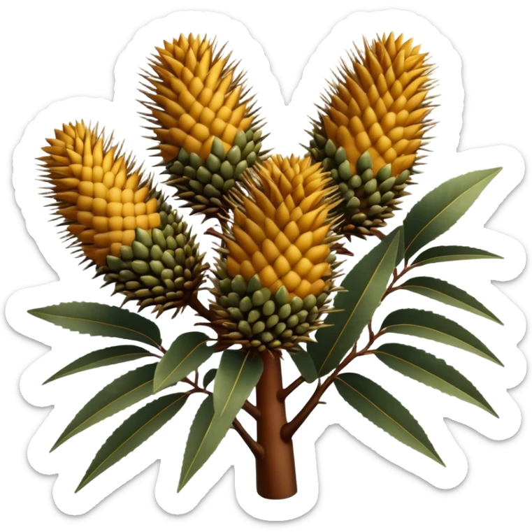 Cinematic Realistic Banksia Emoji, Bold and striking, with spiky, cylindrical flower heads covered in rich golden hues. The leaves are thick and leathery, adding a sense of strength to this unique and iconic tree. Soft glowing outline, capturing the essence of Australian ruggedness and floral beauty in a distinctive banksia tree! sticker