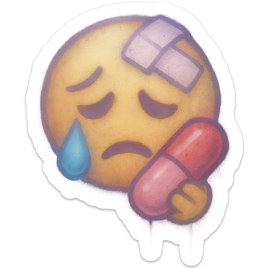 graffiti emoji, medicine theme, humid and foggy atmosphere, pastel colors, soft and subtle spray paint effects, dreamy style sticker