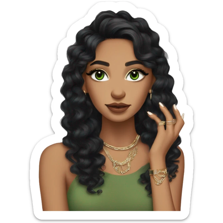 Glamorous, streetwear, black hair, long loose curls hair, olive skin, green almond eyes, winged eyeliner with big lashes, wearing hooped earrings, rings and bracelets, almond fake nails sticker