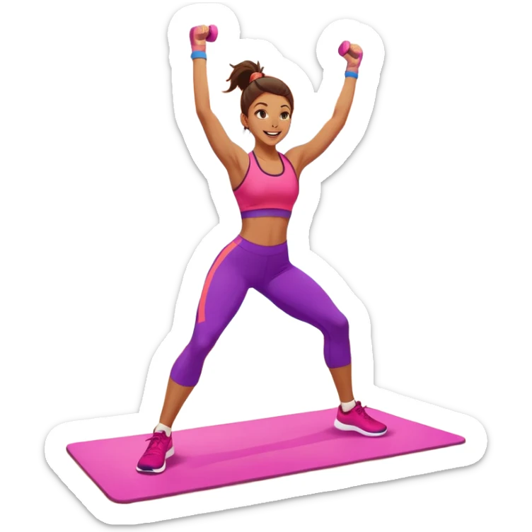 An energetic person performing an aerobics workout in a brightly lit gym, jumping and stretching with enthusiasm. The scene includes vibrant fitness equipment like dumbbells and exercise mats, with a background of cheerful, motivating colors, conveying energy and movement. sticker