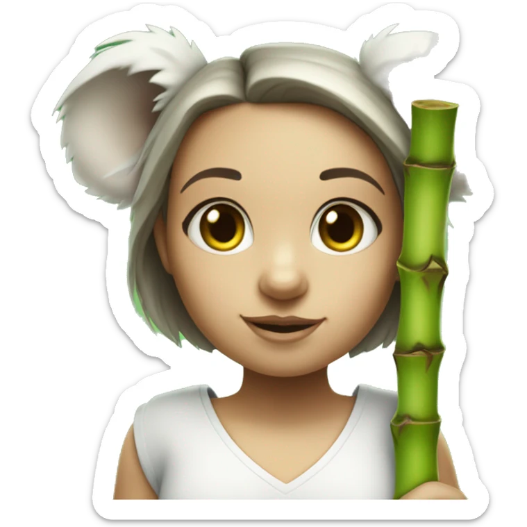 White raced Girl with green eyes and koala ears holding bamboo stick  sticker