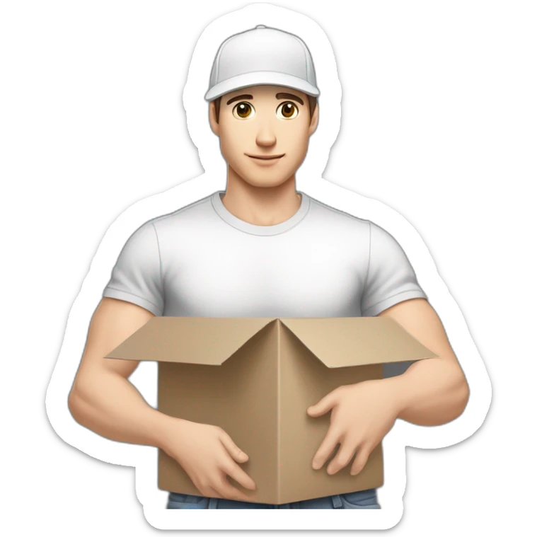 Pale skinned fit Man with dark brown hair in a white cap, gray jeans and gray polo T-shirt keeping a pasted with tape white box into his hands sticker