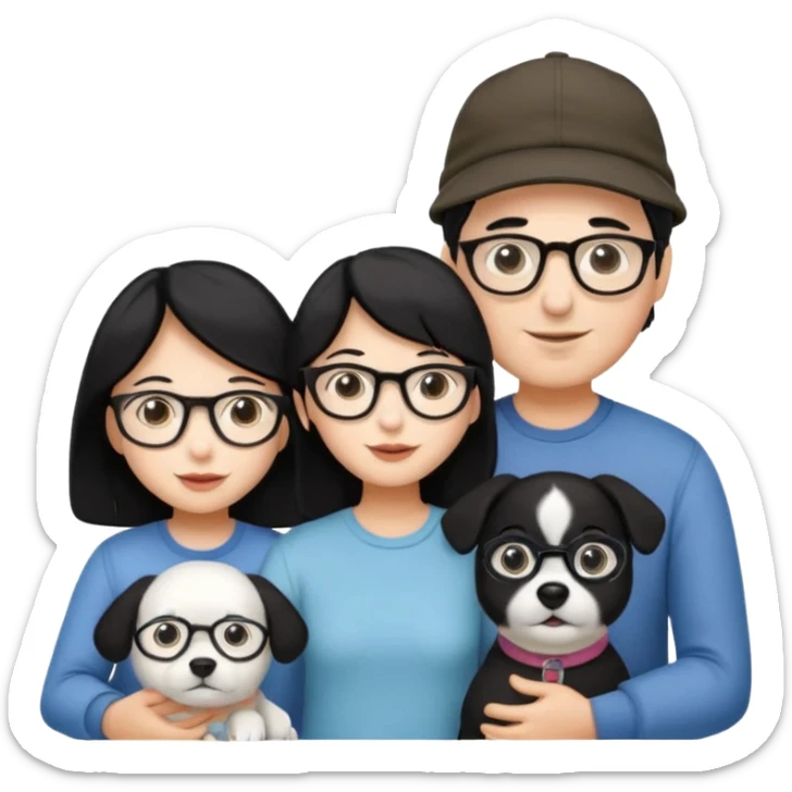 Mom black hair with glasses, Dad black hair with cap, Daughter black hair with glasses, white Dog sticker