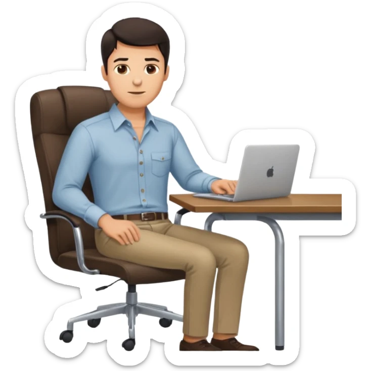 Rich man working on a chair at office in shirt, dark hair, and near the desk with laptop he is german very beautiful looks like, full body view sticker