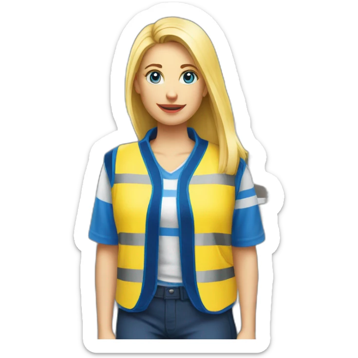 Ikea coworker blue eyes blond woman blue stripes t-shirt and yellow security vest sticker