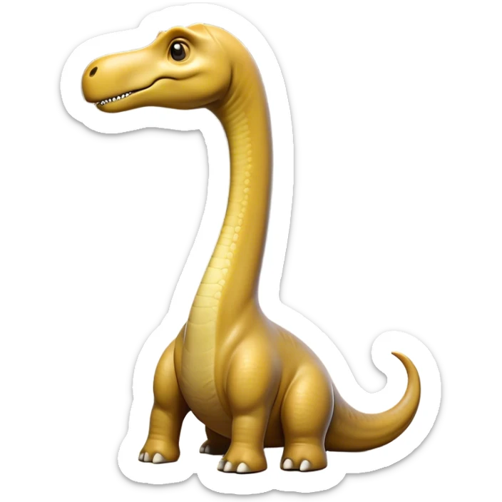 Beautiful and Majestic Brachiosaurus Portrait Emoji, Head and body resting in serene repose with a gentle, confident expression, showcasing its monumental, elongated neck and a small, refined head with tranquil eyes, Simplified yet exquisitely endearing features, highly detailed, glowing with a soft, drowsy golden light, high shine, relaxed and utterly majestic, stylized with an air of timeless prehistoric splendor, soft glowing outline, capturing the essence of a beautiful and majestic Brachiosaurus that feels destined to become the next viral icon of awe-inspiring ancient beauty! sticker