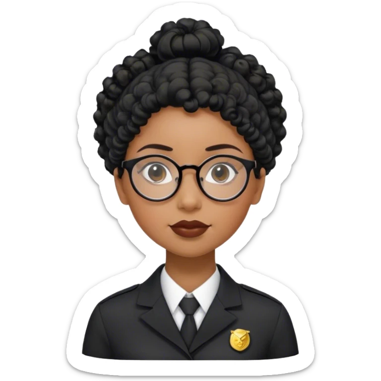 femme pilote d'avion en uniforme noir aux cheveux bouclés noir et petites lunettes arrondis identique avec des cheveux très long et la peau noir mais légèrement plus claire avec les cheveux attachés. 1 seule personne, cheveux moins épais  sticker