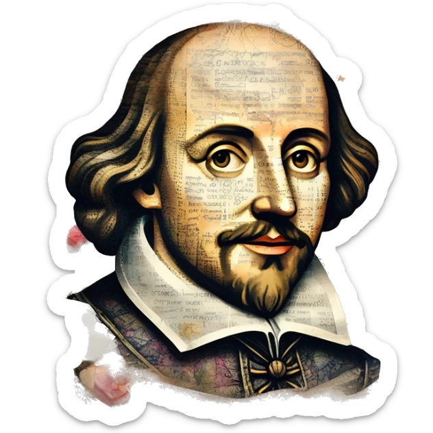 Shakespeare made of newspaper cuttings wearing flowers, stained glass, fairy lights, bokeh, annotated sketch, handwritten letters, collage of intricate patterns, lantern, bokeh, blur sticker