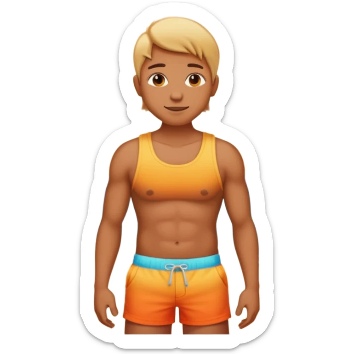 Emoji-style person in beach shorts with sunburned shoulders and chest, tank top outline for a sunburn, cute rounded features, soft shading, vibrant colors sticker