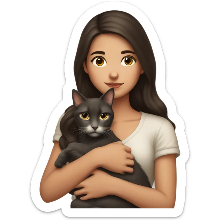 portrait of a beautiful brunette girl holding a cat sticker