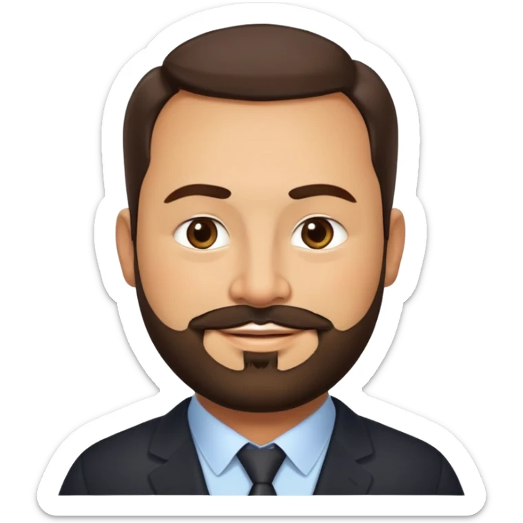 Very stocky businessman in his 40s with light brown skin, pear-shaped face, full cheeks, warm friendly smile, kind welcoming eyes, thick eyebrows, wide nose, short full beard, short dark hair, wearing a black button-up shirt sticker