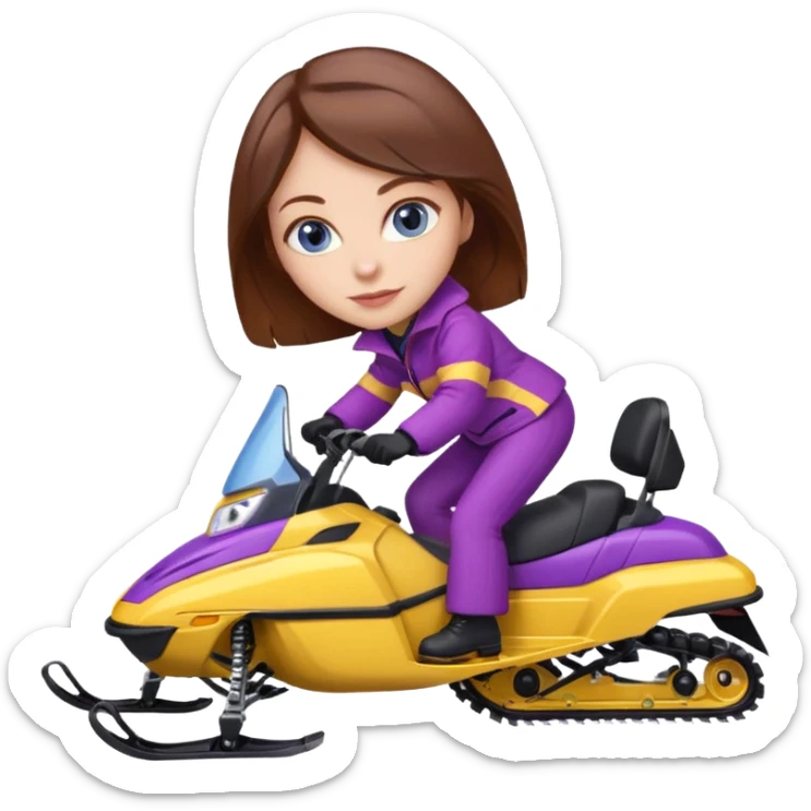 Brown hair, very blue eyes, Woman wearing red coat  on purple and yellow striped snowmobile sticker