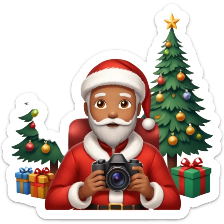 Homme photographe noir, week-end détente, équipé d’un appareil photo pro. Dans un décor Noël chaleureux, Père Noël à côté, sapin illuminé, lumières douces.  Ambiance festive, réaliste, couleurs nettes sticker